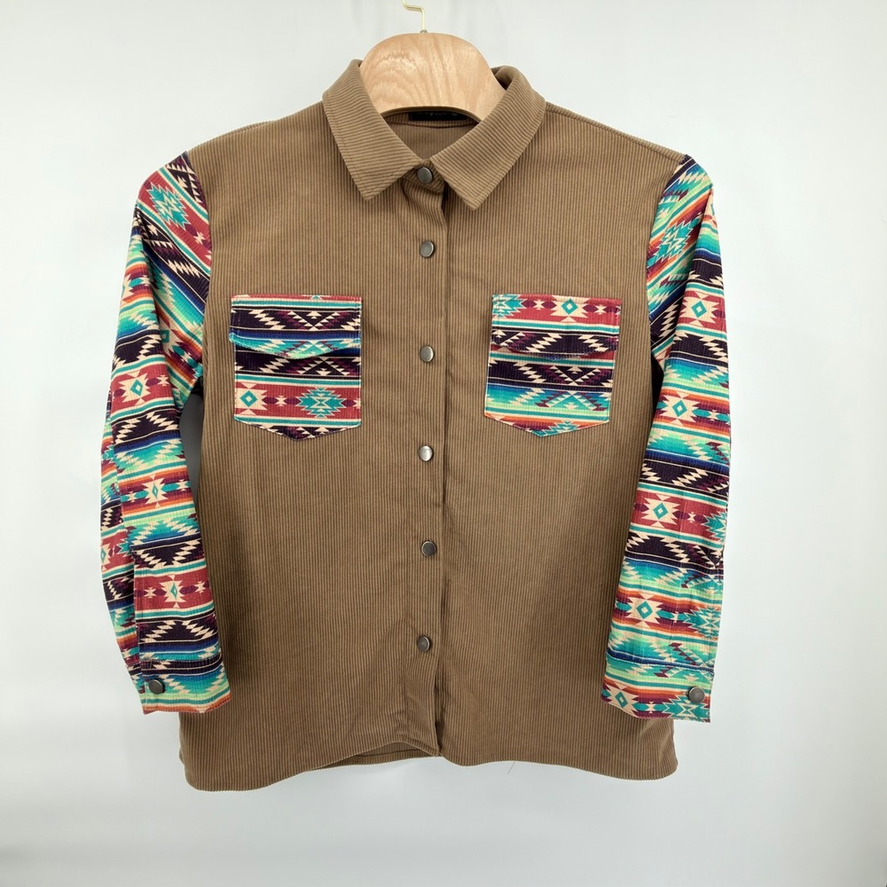 Sterling Kreek Shacket Womens L Brown Teal Red Purple Aztec Corduroy Western